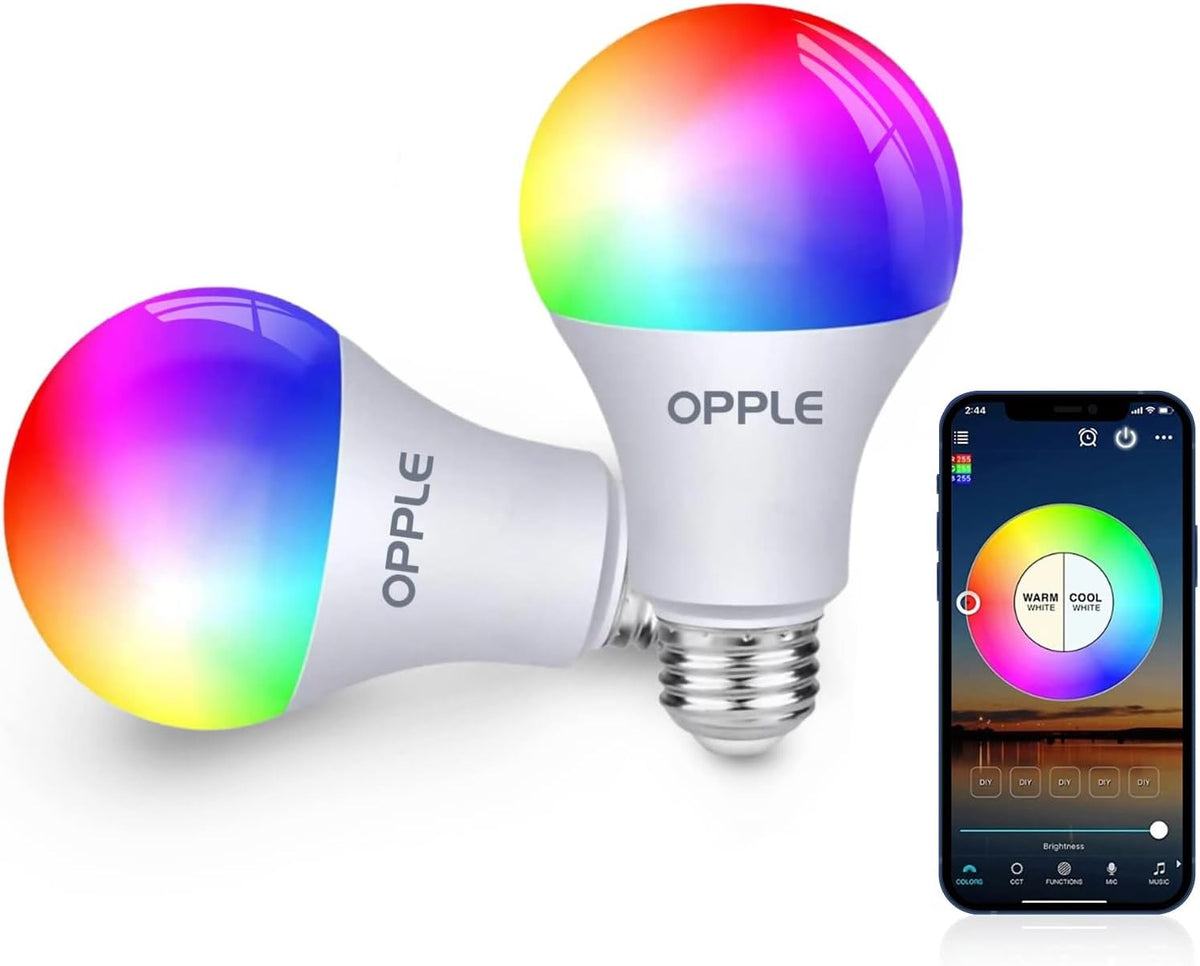 OPPLE Smarte Glühbirnen, 60W Äquivalent WiFi Bluetooth Dimmbare LED RGB Glühbirnen, Vollfarbwechselnde Smarte Glühbirne Kompatibel mit Alexa & Google Assistant, 9W 800 Lumen 2.4 GHz, Wi-Fi, 2er-Pack