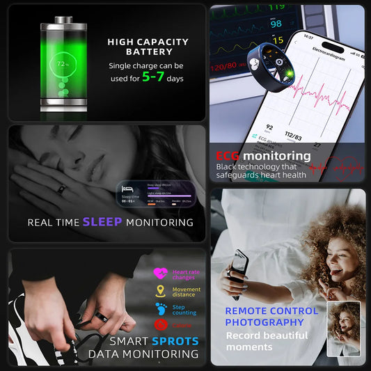 High Precision Smart Ring ECG Heart Rate Blood Oxygen Temperature HRV Sleep Monitor Health Tracker Wearable Fitness Ring