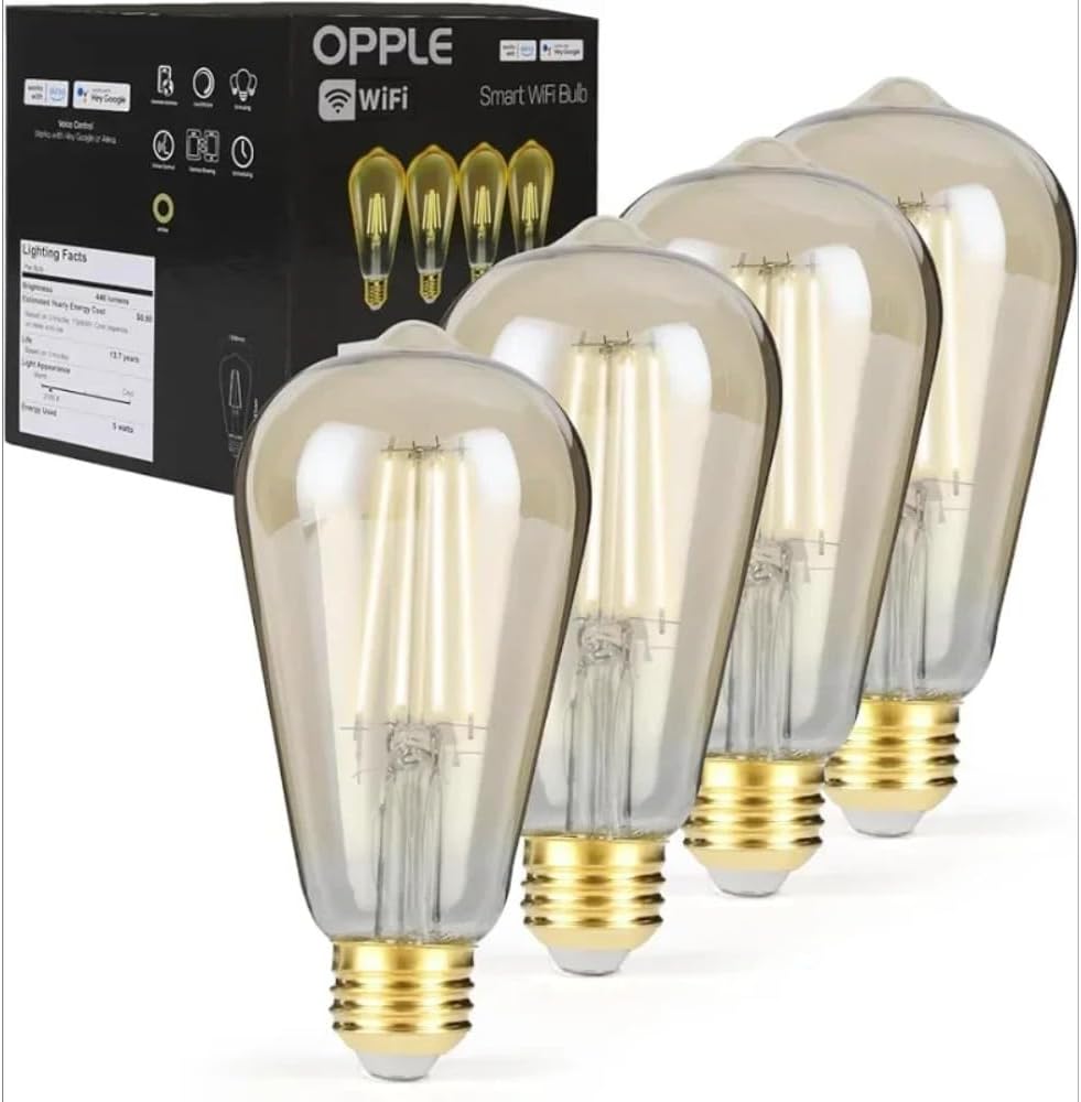 OPPLE Smart Light Bulbs Bluetooth and WiFi Vintage Filament Light Bulb Compatible with Alexa & Google Home, ST19 Smart Edison Bulb 2100k 60 Watt Equivalent, No Hub Required, 4 Pack