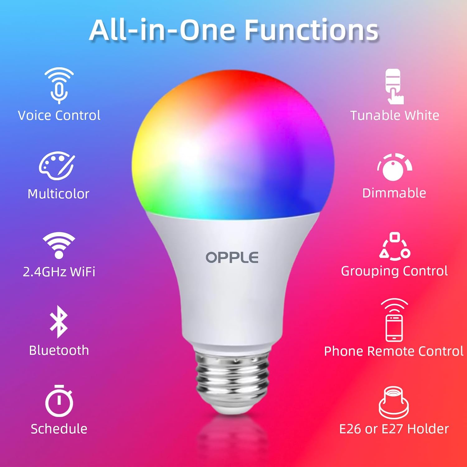 OPPLE Smart Light Bulbs, 60W Equivalent WiFi Bluetooth Dimmable LED RGB Light Bulbs, Full Color Changing Smart Light Bulb Compatible with Alexa & Google Assistant, 9W 800 Lumens 2.4 GHz, Wi-Fi, 2 Pack