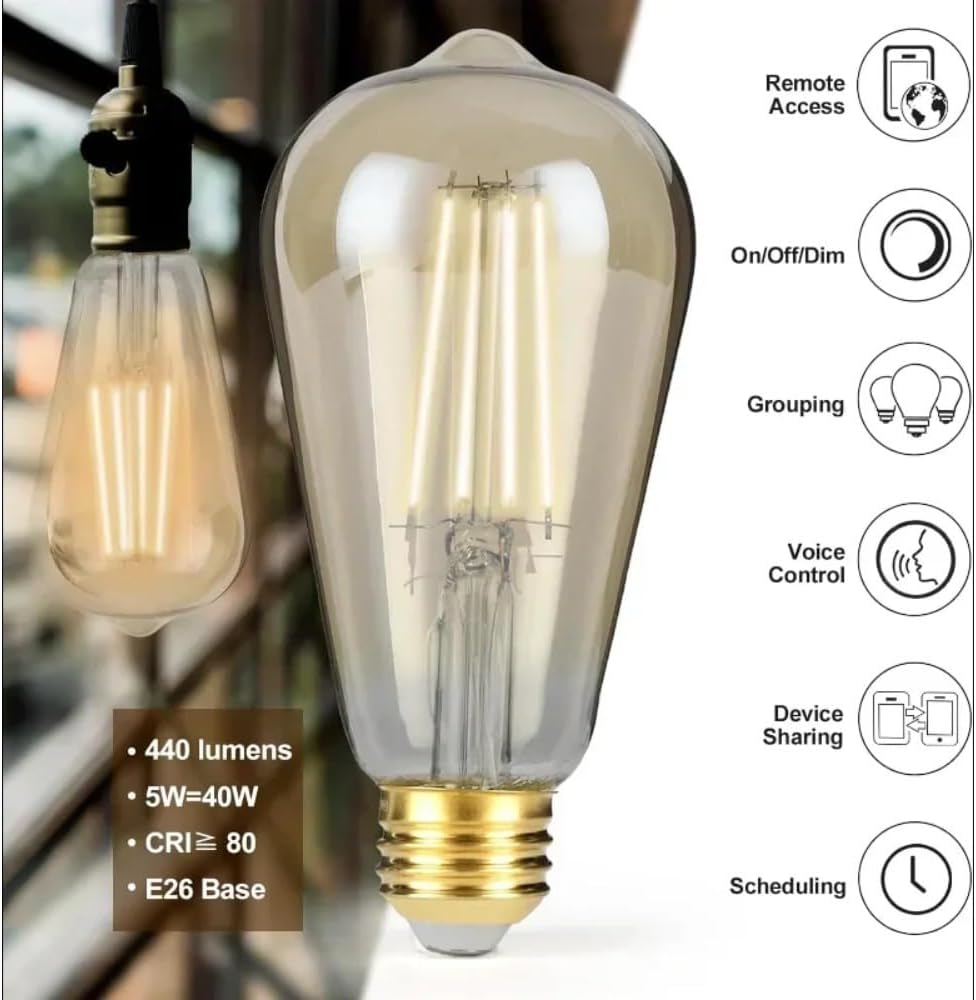 OPPLE Smart Light Bulbs Bluetooth and WiFi Vintage Filament Light Bulb Compatible with Alexa & Google Home, ST19 Smart Edison Bulb 2100k 60 Watt Equivalent, No Hub Required, 4 Pack