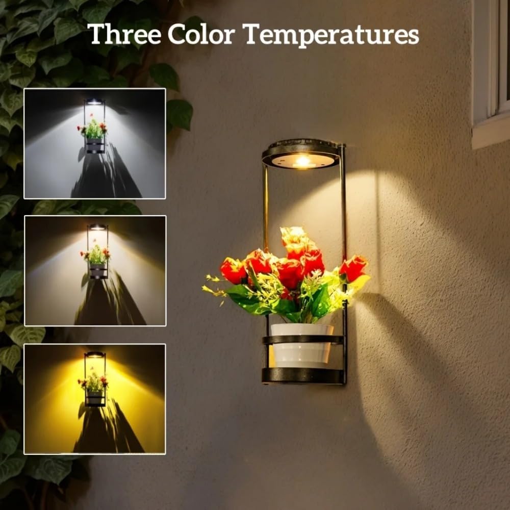 Solar Wall Lamp with Plant Stand | 3 Color Temperatures LED Outdoor Wall Sconce Solar Light for Garden Patio Porch Yard Decor
