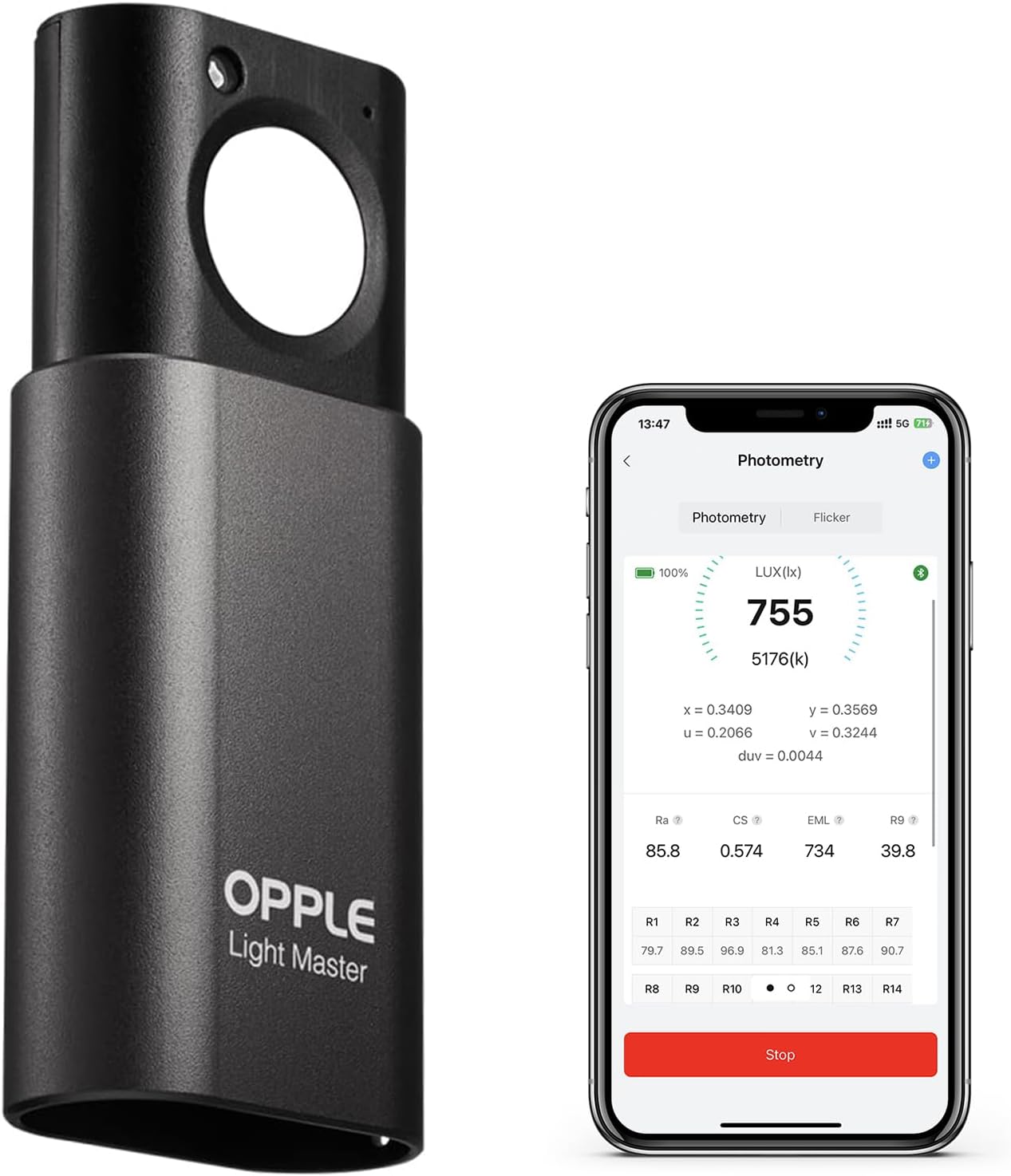 OPPLE Light Master 4 Light Meter, Digital Light Meter Light Lux Meter Illuminometer Motion Sensor Bluetooth APP LED Lighting Sensor Tester for CCT CRI Flicker DUV Measurement Rechargeable with Type-C