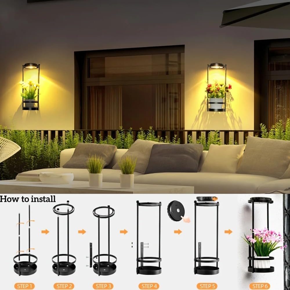 Solar Wall Lamp with Plant Stand | 3 Color Temperatures LED Outdoor Wall Sconce Solar Light for Garden Patio Porch Yard Decor