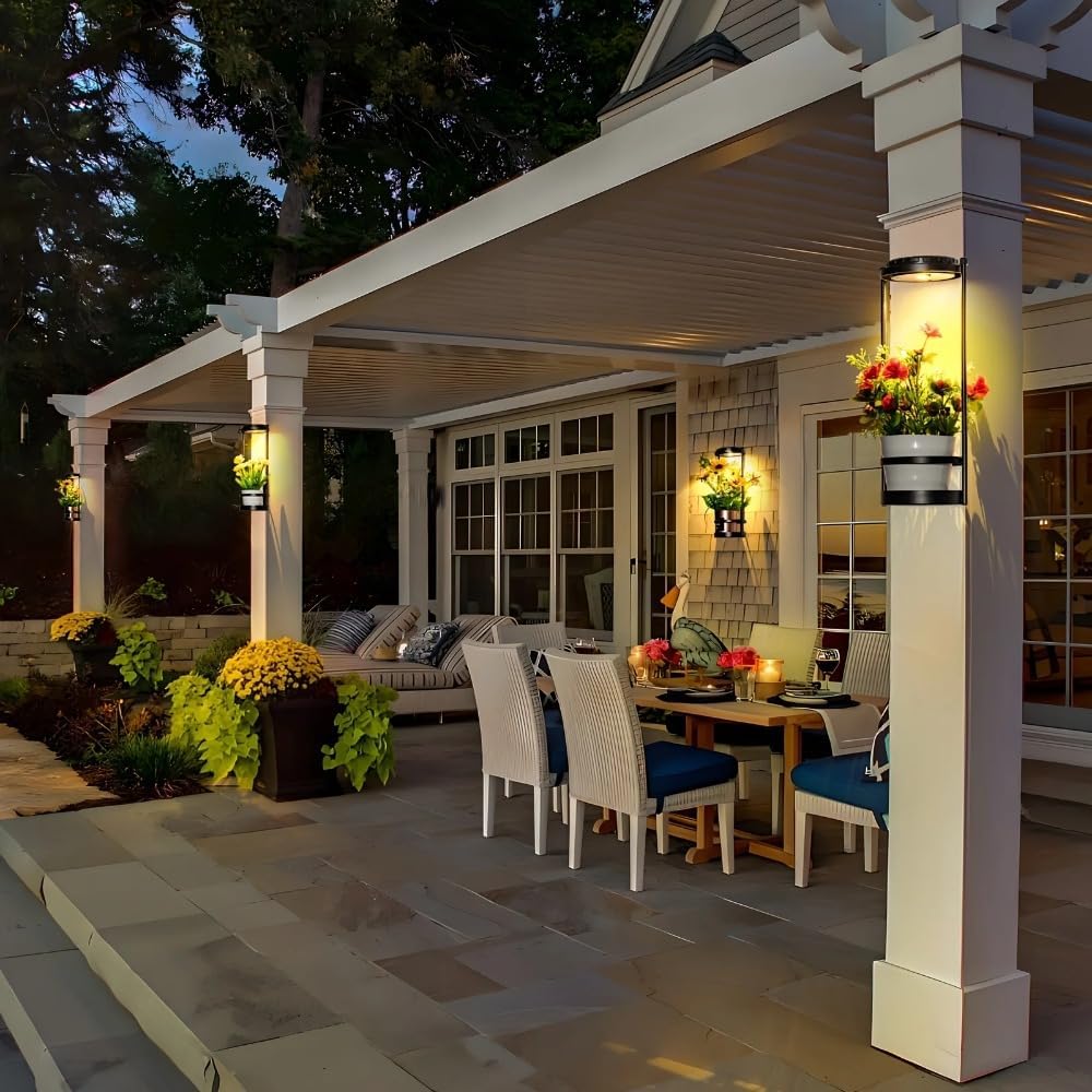 Solar Wall Lamp with Plant Stand | 3 Color Temperatures LED Outdoor Wall Sconce Solar Light for Garden Patio Porch Yard Decor